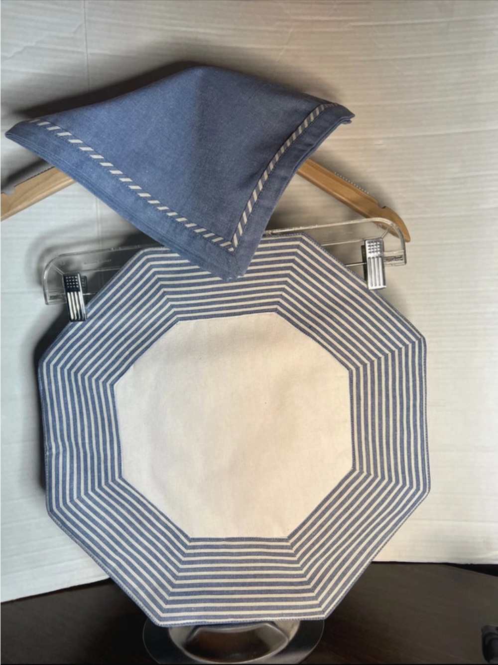 Crate & Barrel Striped Octagonal Placemat and Blue Napkin Set for 4 - Picture 1 of 6